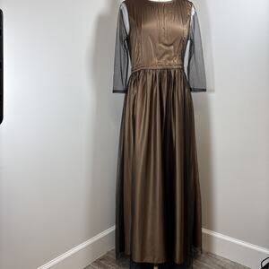 Dark Feminine Moody Romantic Bronze Satin Sheer Sleeve Black Mesh Overlay Gown M